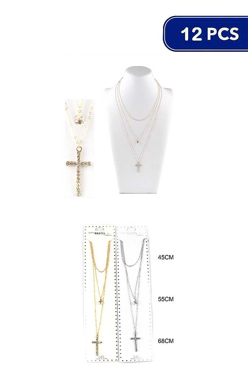 RHINESTONE CROSS CRYSTAL CHAIN TRIPLE NECKLACE (12 UNITS)