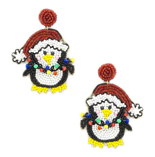 Seed Bead Christmas Penguin Sante Hat Dangle Earring