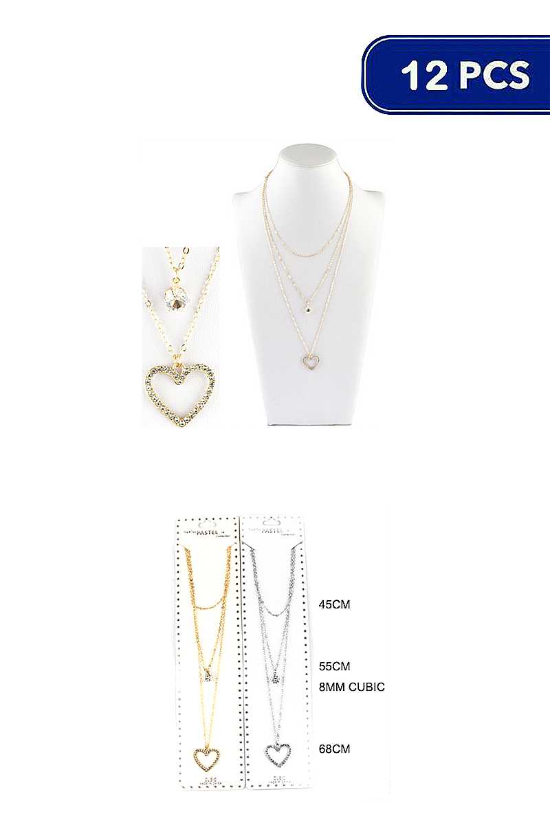 RHINESTONE OPEN HEART CRYSTAL CHAIN LINK TRIPLE NECKLACE (12 UNITS)