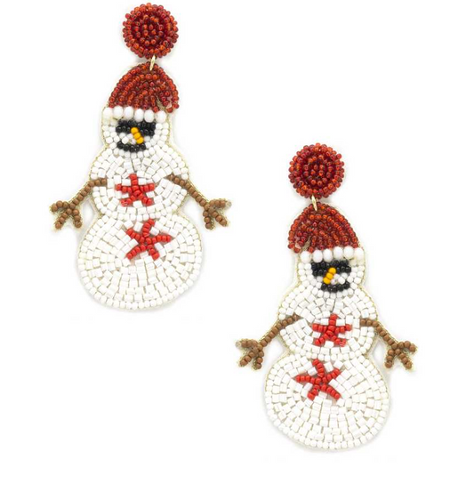 Seed Bead Christmas Snowman Sante Hat Dangle Earring